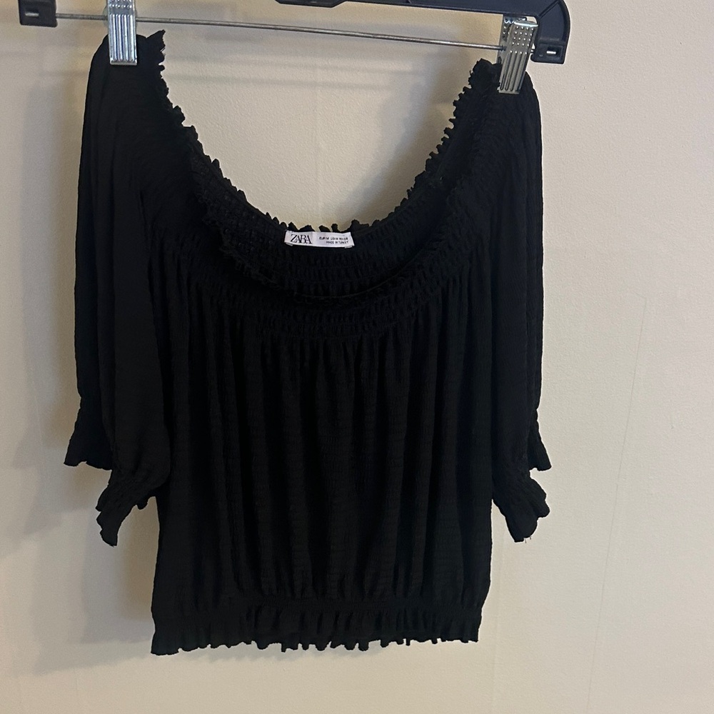 Zara Black Smocked Off-Shoulder Blouse
